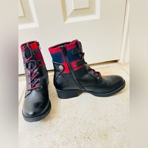 BareTraps ankle boots booties black with red plaid accents.